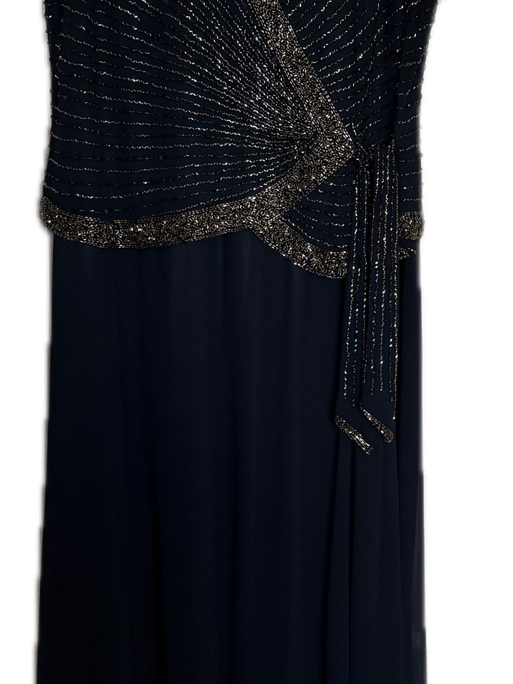 J Kara Navy and Metallic Beaded Wrap-Style Maxi Dress - Picture 4 of 6
